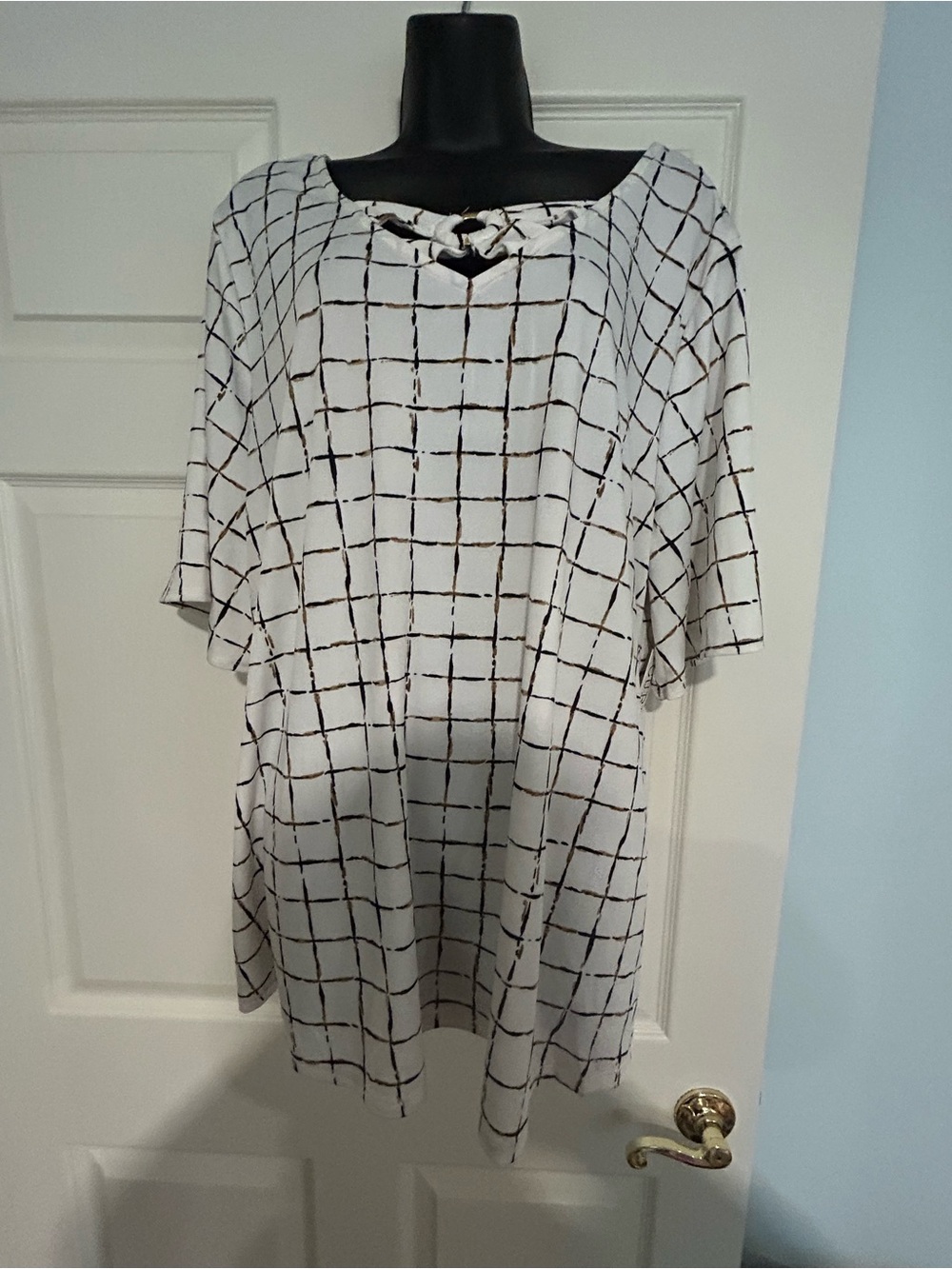 White Grid-Print Tunic with Front Tie Detail